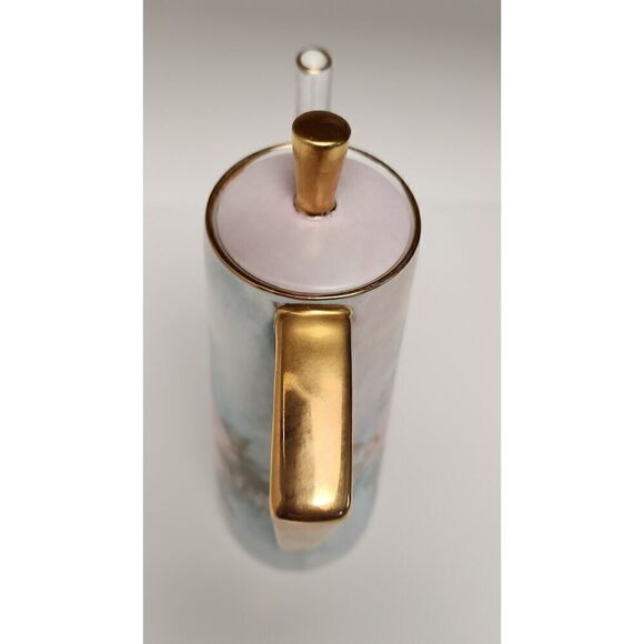 VINTAGE 1970s HAND PAINTED COFFEE TEA POT, ROSES & GOLD - Picture 4 of 14